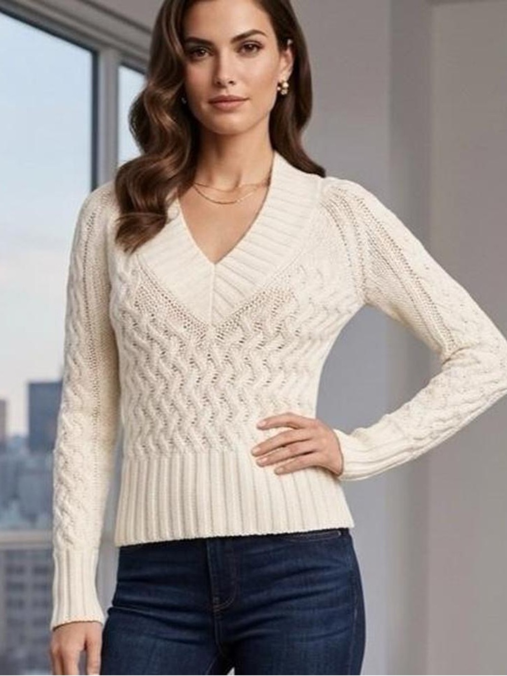 Banana Republic White Cable Knit V-Neck Sweater